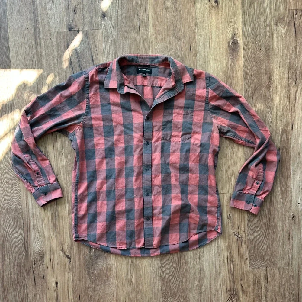 Banana Republic Mens Slim Fit Buffalo Plaid Button Down Shirt‎ XL Red Grey